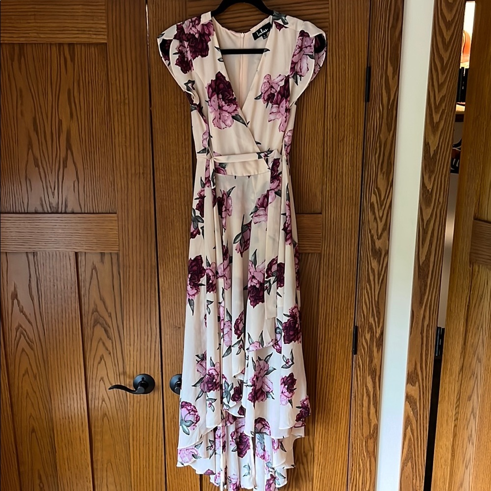 Lulu's Cream and Tan High Low Sundress with Flutter Sleeves